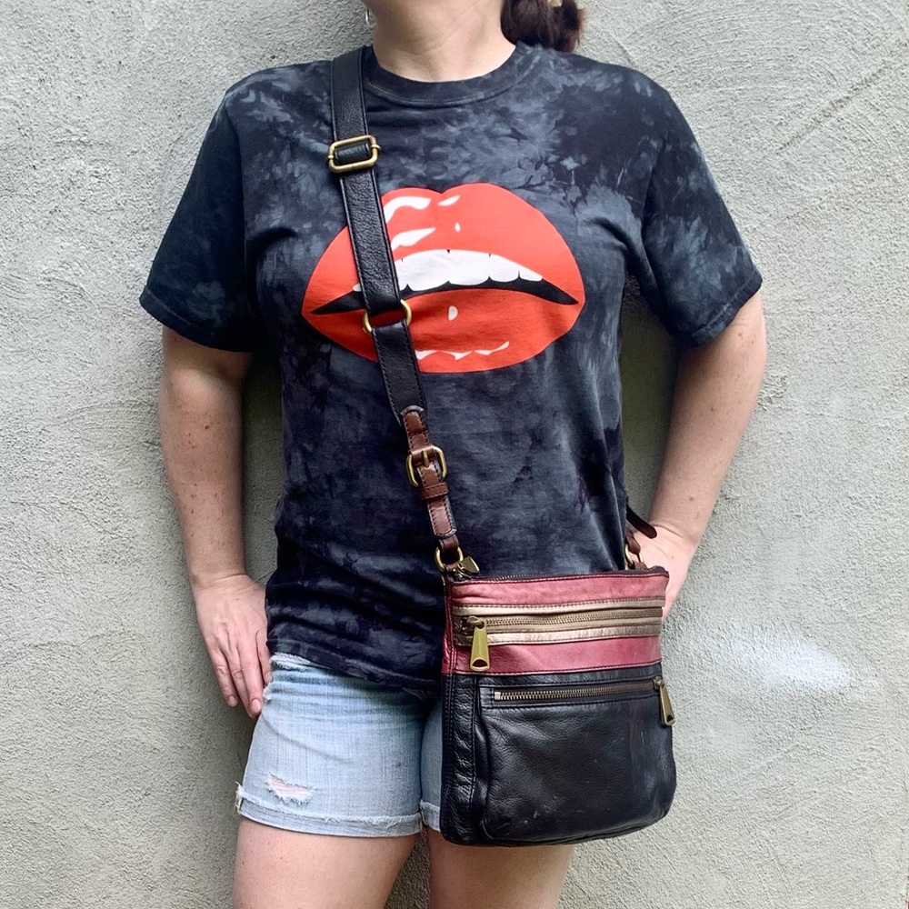 Vintage Fossil Black Burgundy Explorer Leather Patchwork Crossbody Bag - Picture 8 of 16